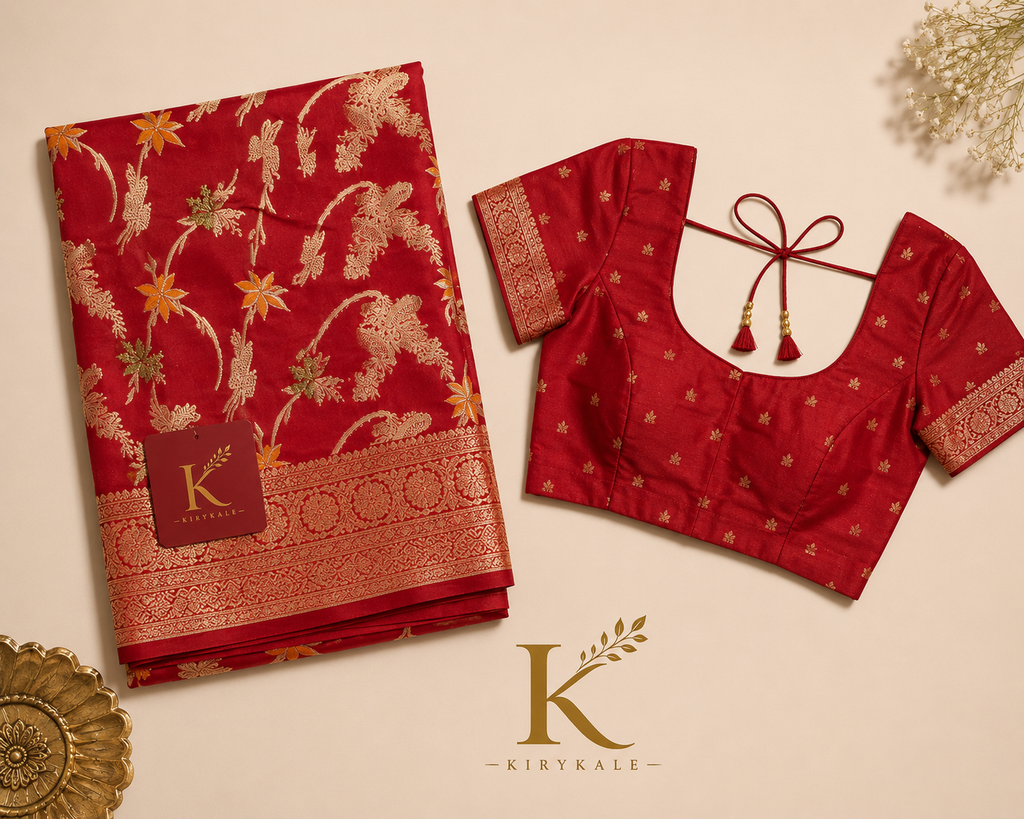 Premium Banaras Soft Silk Saree – Ruby Red Floral Gold Zari Weaving with Designer Blouse