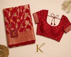 Premium Banaras Soft Silk Saree – Ruby Red Floral Gold Zari Weaving with Designer Blouse