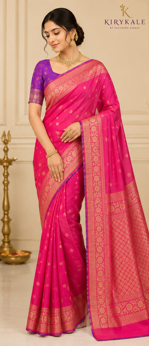 Premium Pure Mushroom Georgette Jacquard Saree – Rani Pink with Gold Zari Border