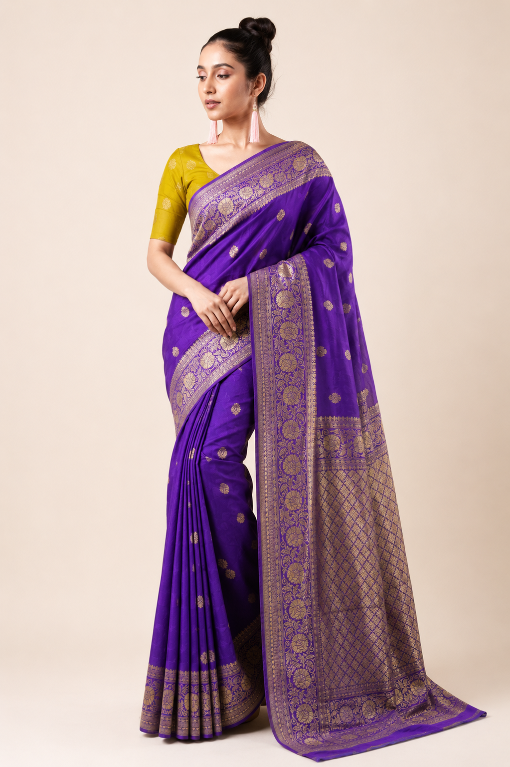 Premium Pure Mushroom Georgette Jacquard Saree – Royal Purple with Rich Gold Zari Border