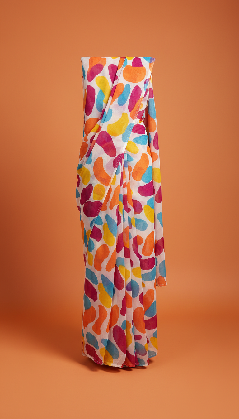 Festive printed chiffon saree with tassel edge