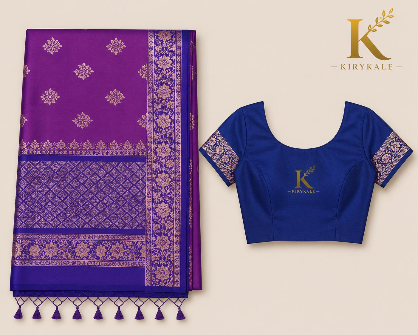 Premium Kanchi Vintage Lightweight Saree with Gold Zari Floral Buttas & Contrast Royal Blue Border | Royal Purple & Royal Blue