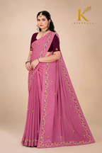 Premium Pink Mango Crepe Saree with Floral Embroidery & Designer Blouse