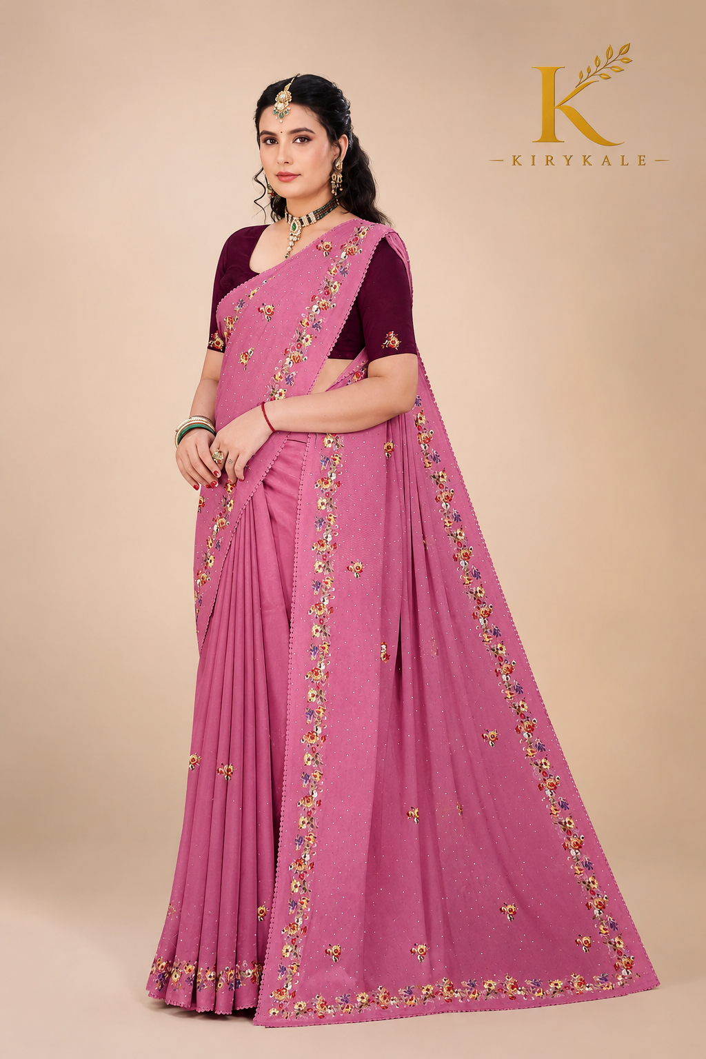 Premium Pink Mango Crepe Saree with Floral Embroidery & Designer Blouse