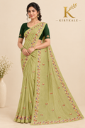 Premium Olive Green Mango Crepe Saree with Floral Embroidery & Designer Blouse
