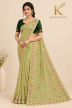 Premium Olive Green Mango Crepe Saree with Floral Embroidery & Designer Blouse