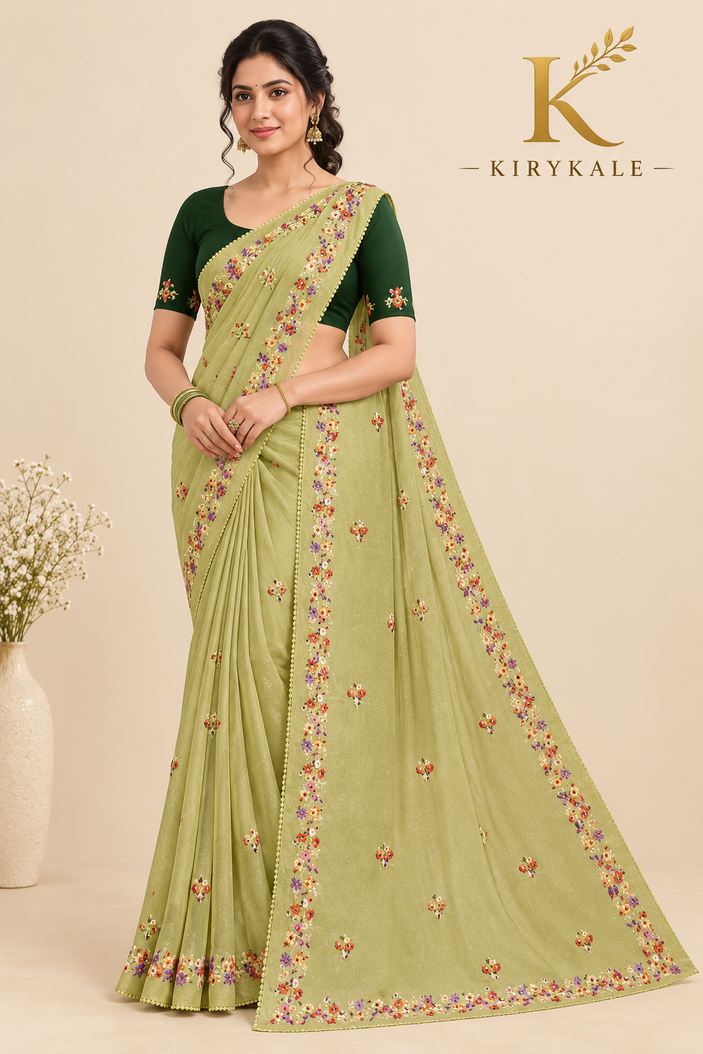 Premium Olive Green Mango Crepe Saree with Floral Embroidery & Designer Blouse