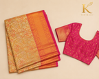 Premium Kanchi Pattu Meenakari Silk Saree | Golden Beige & Rani Pink | KIRYKALE