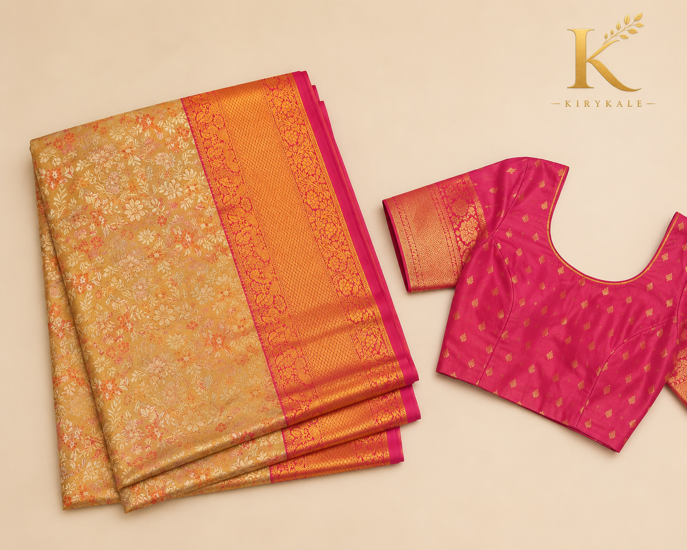 Premium Kanchi Pattu Meenakari Silk Saree | Golden Beige & Rani Pink | KIRYKALE