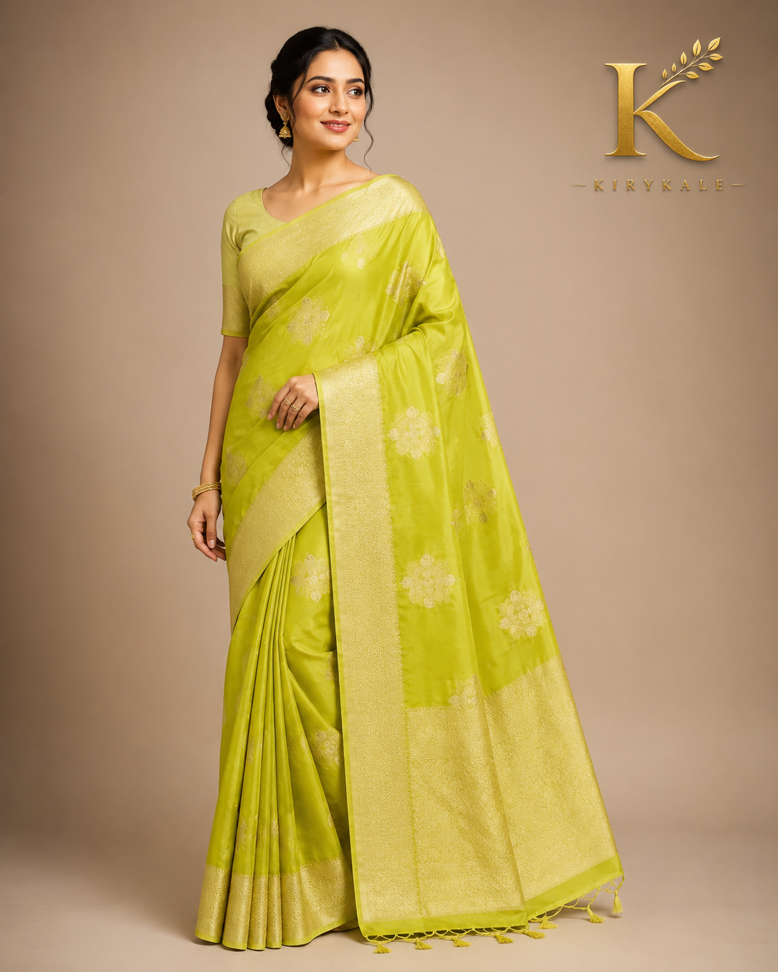 Premium Pattu Pure Georgette Saree with Antique Gold Zari Floral Buttas & Rich Woven Border | Lime Green