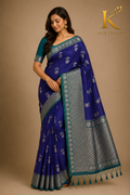 Premium Kanchi Vintage Lightweight Saree with Silver Zari Floral Buttas & Rich Contrast Pallu | Royal Blue & Teal Green