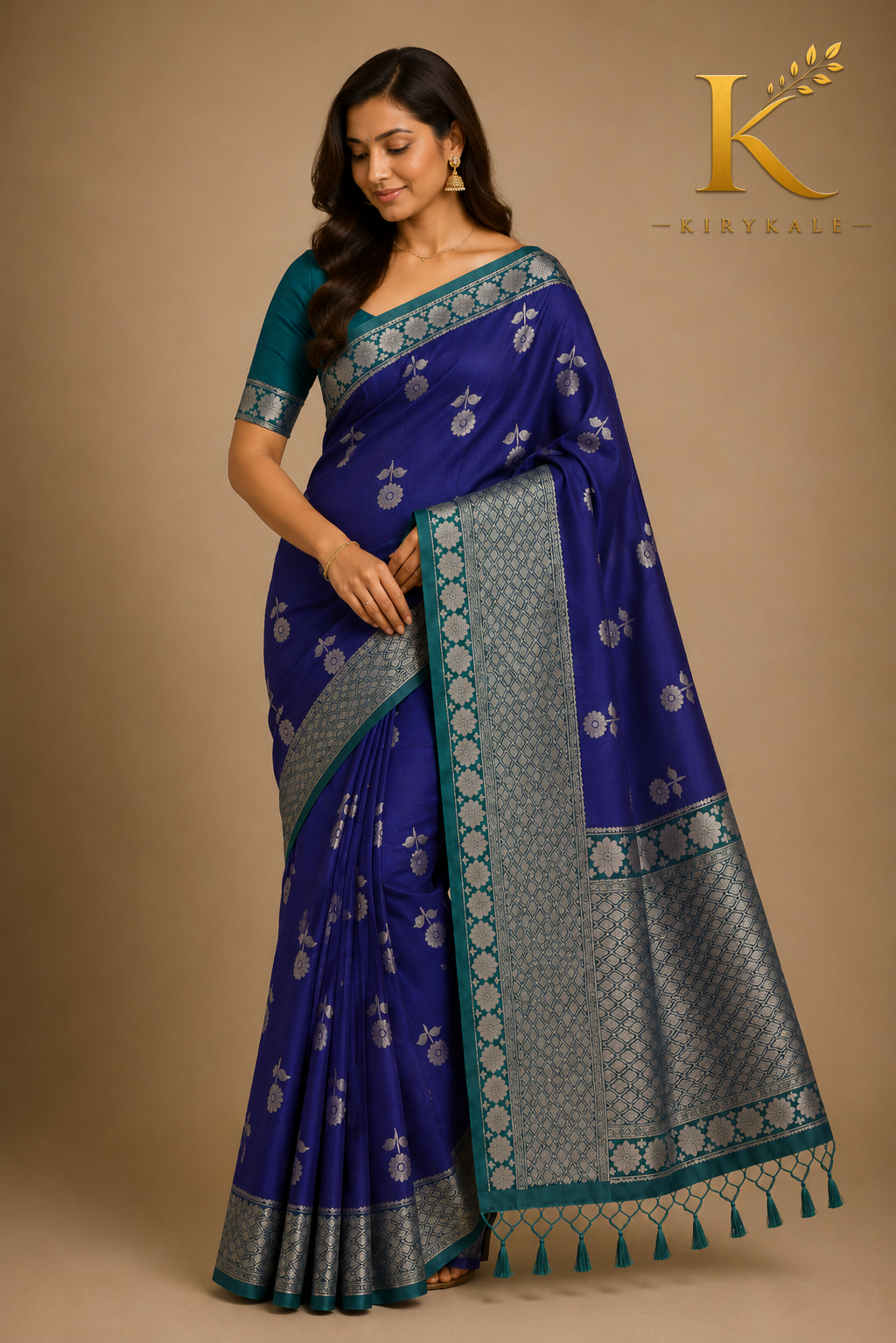 Premium Kanchi Vintage Lightweight Saree with Silver Zari Floral Buttas & Rich Contrast Pallu | Royal Blue & Teal Green
