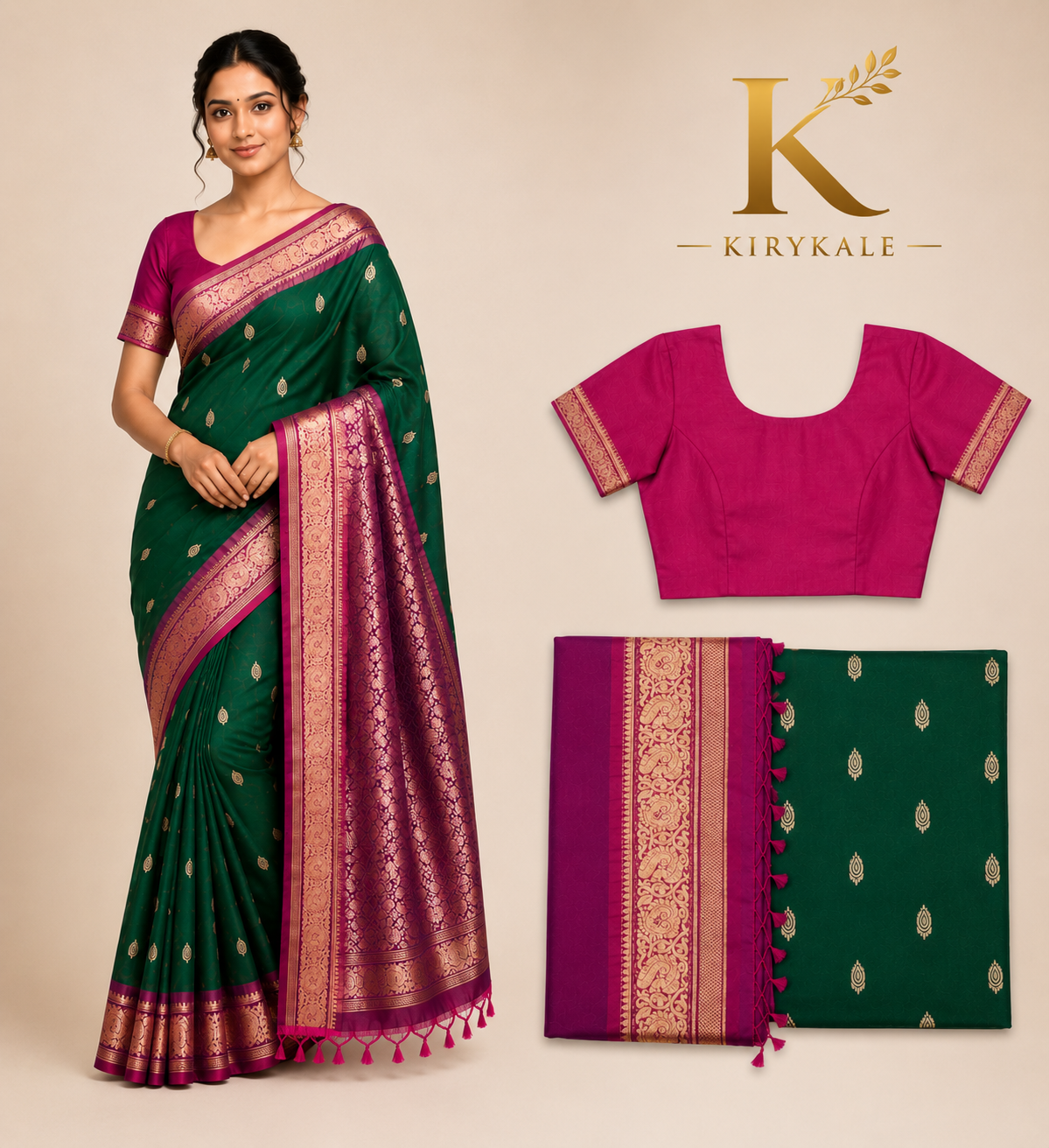 Premium Kanchi Vintage Lightweight Saree with Antique Gold Zari Buttas & Rich Woven Pallu | Emerald Green & Magenta