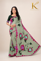 Premium Sage Green Mango Crepe Saree with Floral Print & Designer Blouse