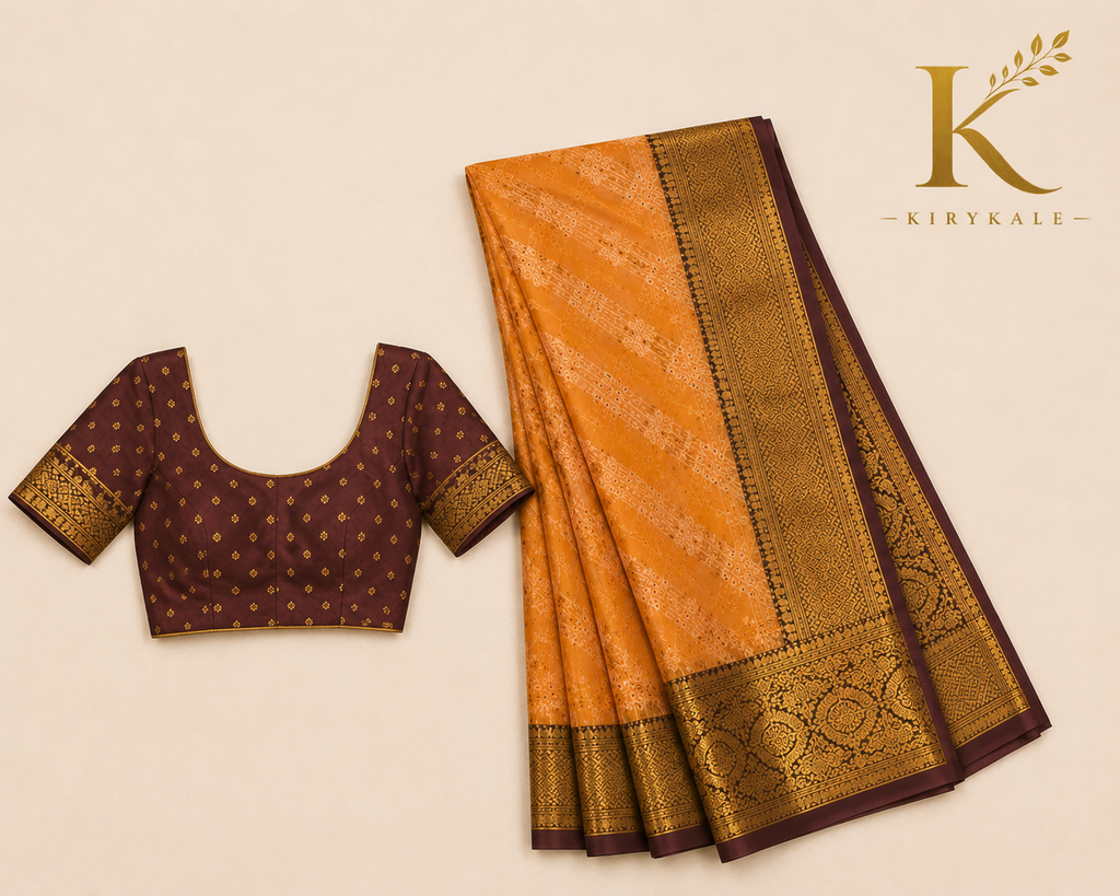 Premium Vintage Checks Kanchi Pattu Silk Saree with Antique Gold Zari Border & Running Blouse | Mustard Orange & Coffee Brown