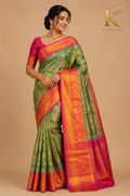 Premium Kanchi Pattu Meenakari Silk Saree with Rich Pink Gold Zari Border & Running Blouse | Parrot Green Floral