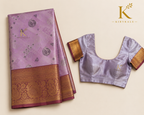 Premium Dharmavaram Pattu Silk Saree with Antique Gold Zari Border & Running Blouse | Lavender & Wine Gold
