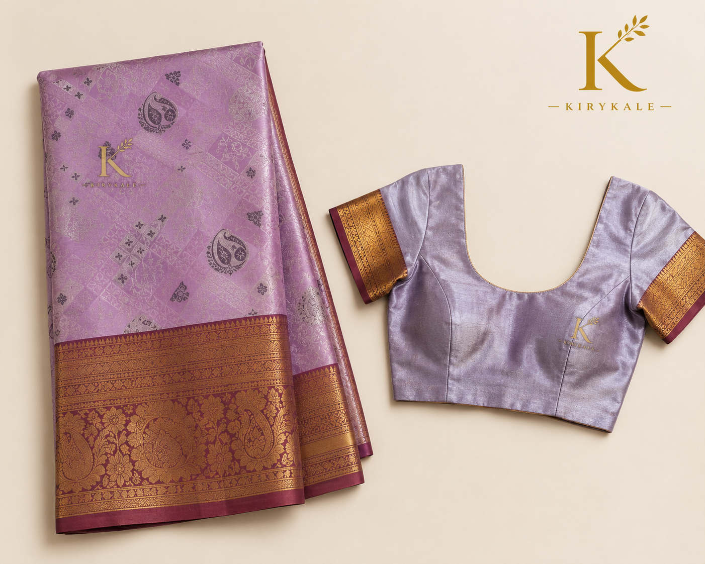 Premium Dharmavaram Pattu Silk Saree with Antique Gold Zari Border & Running Blouse | Lavender & Wine Gold