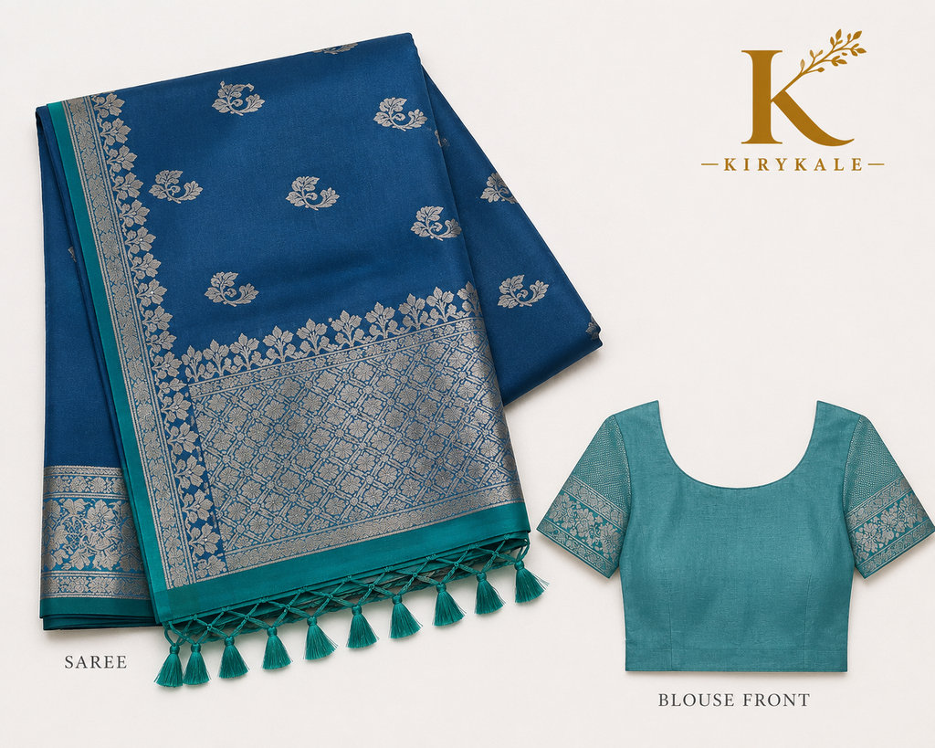 Premium Kanchi Vintage Lightweight Saree with Antique Silver Zari Buttas & Rich Contrast Pallu | Steel Blue & Aqua Green