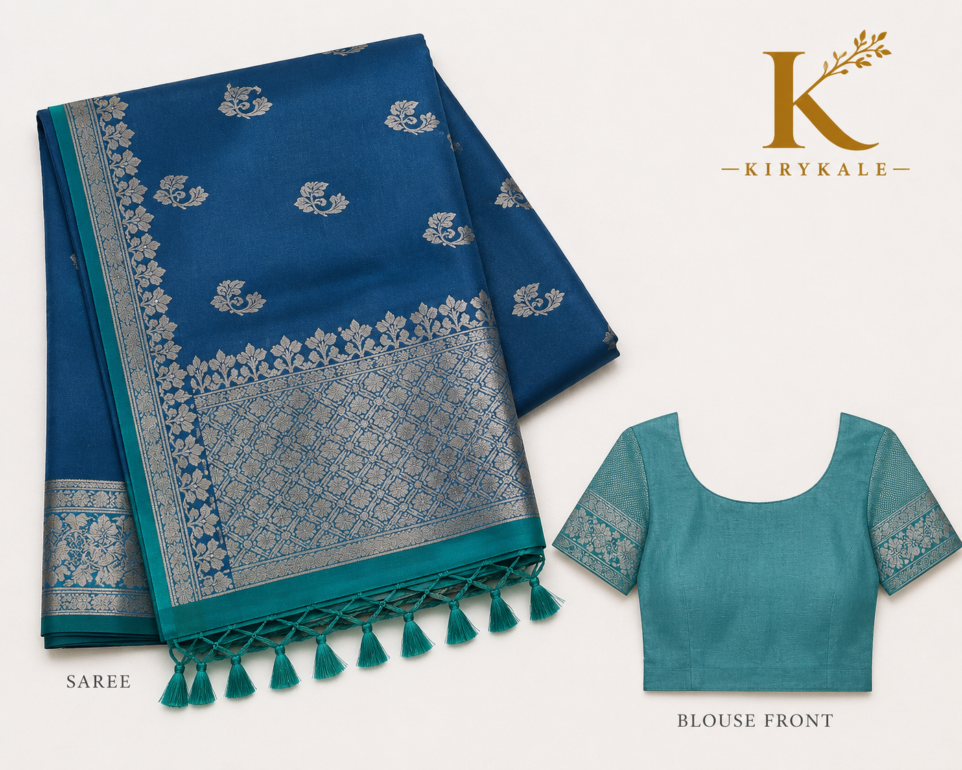 Premium Kanchi Vintage Lightweight Saree with Antique Silver Zari Buttas & Rich Contrast Pallu | Steel Blue & Aqua Green