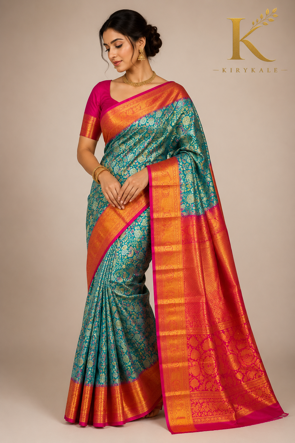 Premium Kanchi Pattu Meenakari Silk Saree with Peacock Blue Floral Weaving & Pink Gold Zari Border