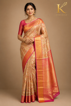 Premium Kanchi Pattu Meenakari Silk Saree | Golden Beige & Rani Pink | KIRYKALE