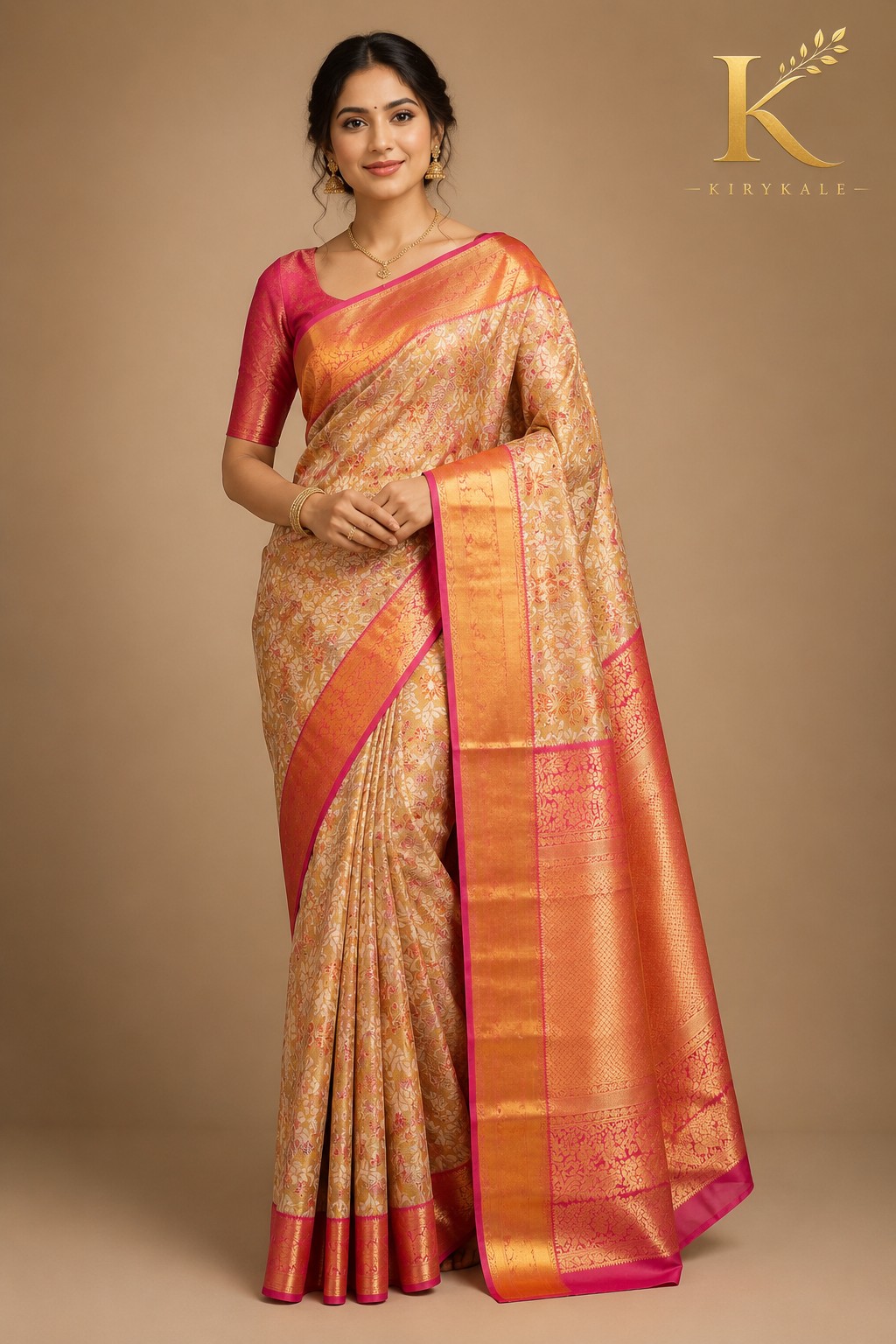 Premium Kanchi Pattu Meenakari Silk Saree | Golden Beige & Rani Pink | KIRYKALE