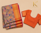 Premium Kanchi Pattu Meenakari Silk Saree with Floral Woven Design & Rich Orange Gold Zari Border | Smoky Lavender Grey