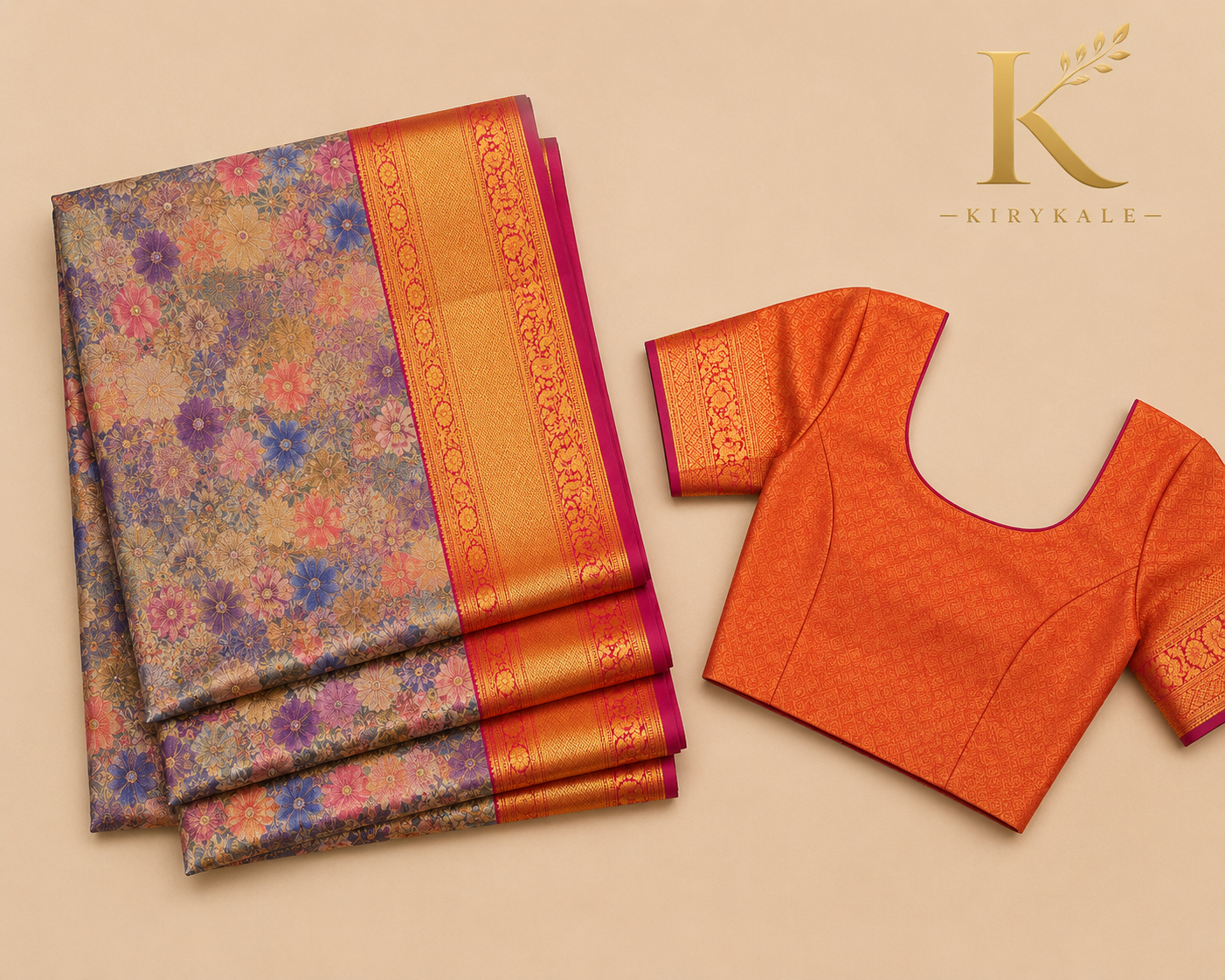 Premium Kanchi Pattu Meenakari Silk Saree with Floral Woven Design & Rich Orange Gold Zari Border | Smoky Lavender Grey