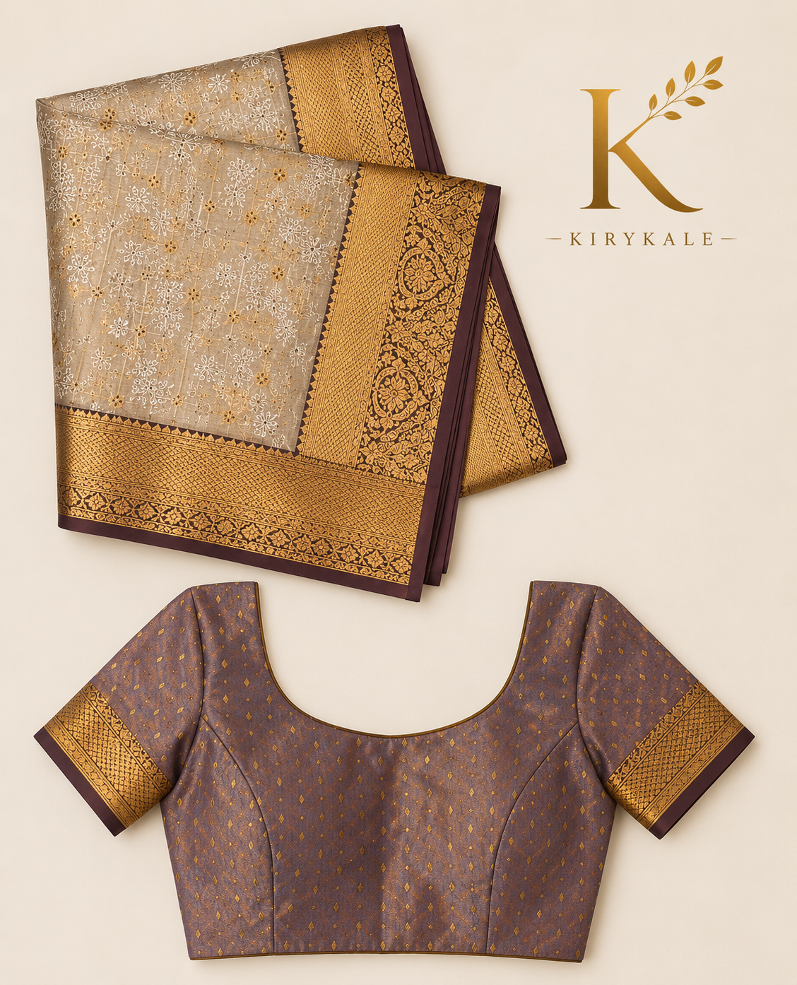 Premium Vintage Checks Kanchi Pattu Silk Saree with Antique Gold Zari Border & Running Blouse | Champagne Gold & Coffee Brown