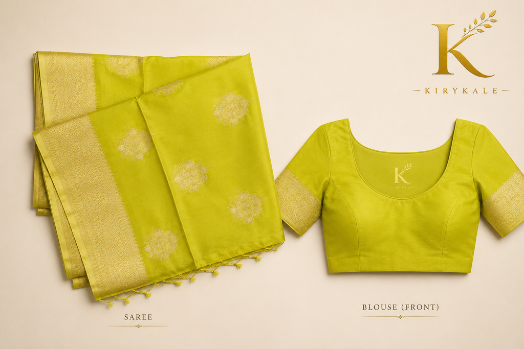 Premium Pattu Pure Georgette Saree with Antique Gold Zari Floral Buttas & Rich Woven Border | Lime Green