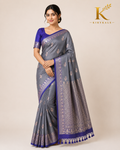 Premium Kanchi Vintage Lightweight Saree with Silver Zari Floral Buttas & Rich Woven Pallu | Grey & Royal Blue