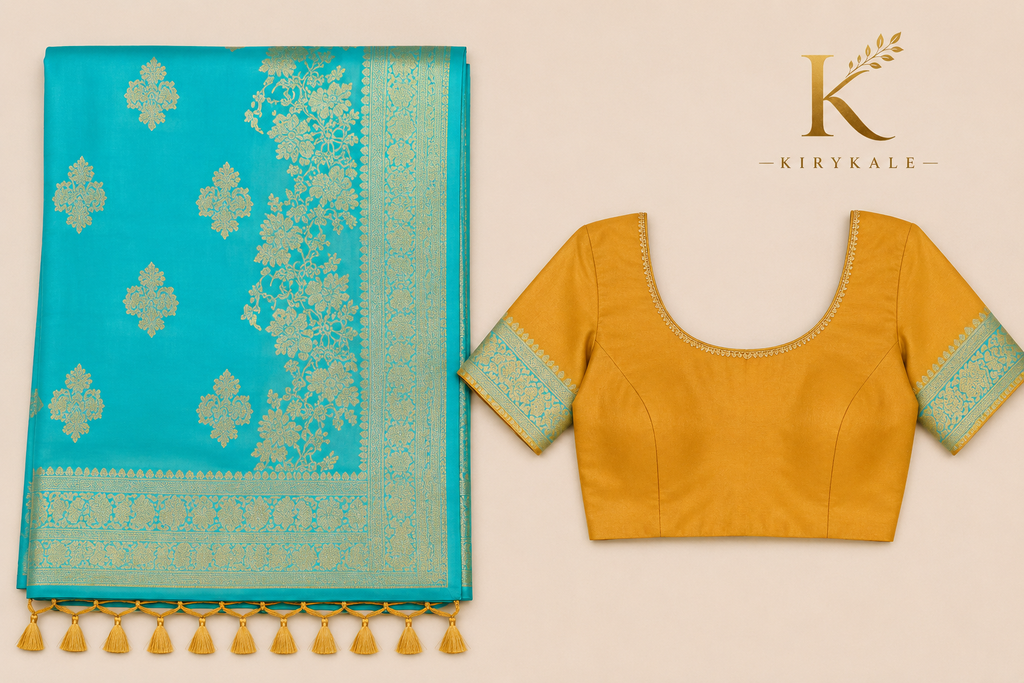 Premium Mushroom Pure Georgette Saree with Antique Gold Floral Zari Border & Running Blouse | Aqua Blue & Mustard