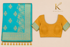 Premium Mushroom Pure Georgette Saree with Antique Gold Floral Zari Border & Running Blouse | Aqua Blue & Mustard
