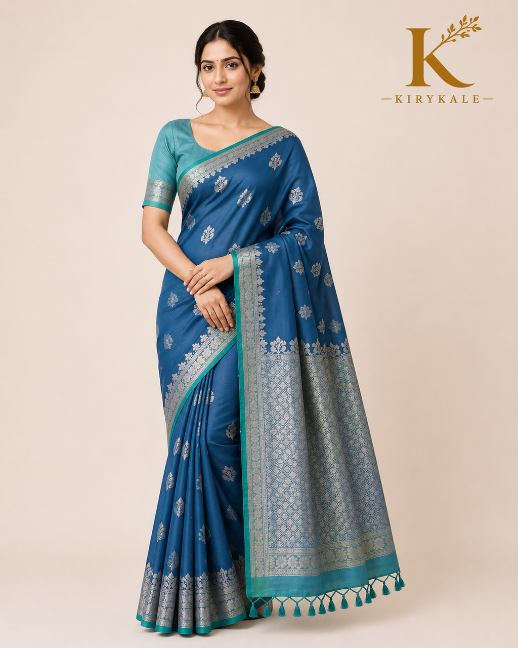 Premium Kanchi Vintage Lightweight Saree with Antique Silver Zari Buttas & Rich Contrast Pallu | Steel Blue & Aqua Green