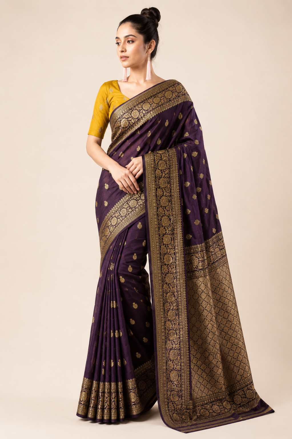 Premium Pure Mushroom Georgette Jacquard Saree – Deep Plum Purple with Antique Gold Zari Border