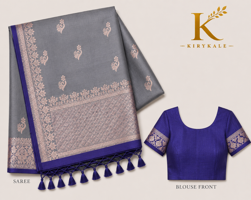 Premium Kanchi Vintage Lightweight Saree with Silver Zari Floral Buttas & Rich Woven Pallu | Grey & Royal Blue