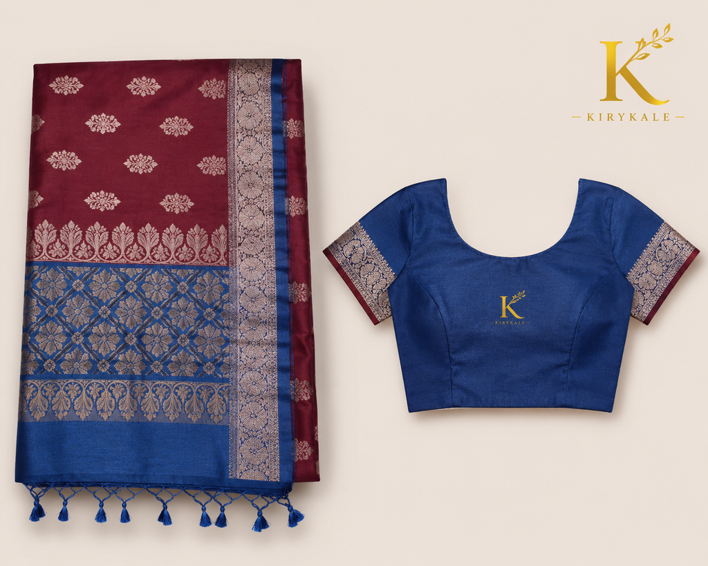 Premium Kanchi Vintage Lightweight Saree with Silver Zari Floral Buttas & Rich Woven Pallu | Wine & Royal Blue