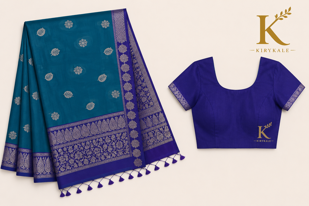 Premium Kanchi Vintage Lightweight Saree with Silver Zari Floral Buttas & Contrast Royal Blue Border | Peacock Blue & Royal Blue