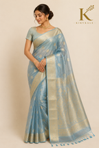 Premium Sky Blue Tisu Organza Silk Saree with Rich Gold Zari Border