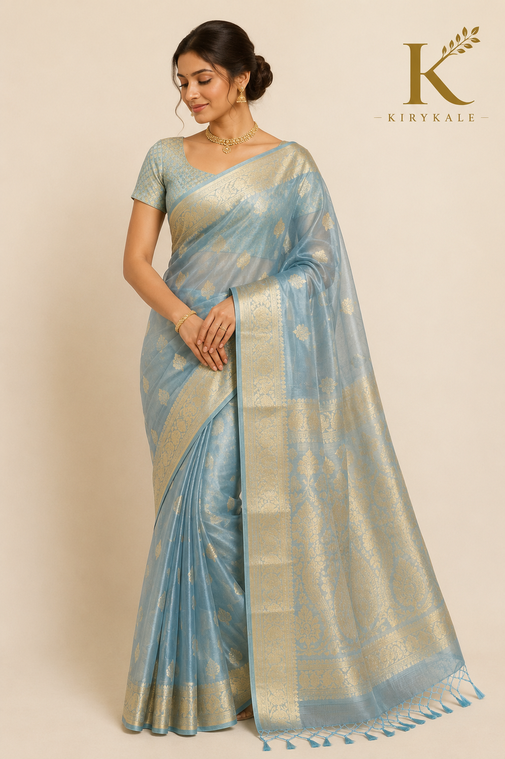 Premium Sky Blue Tisu Organza Silk Saree with Rich Gold Zari Border