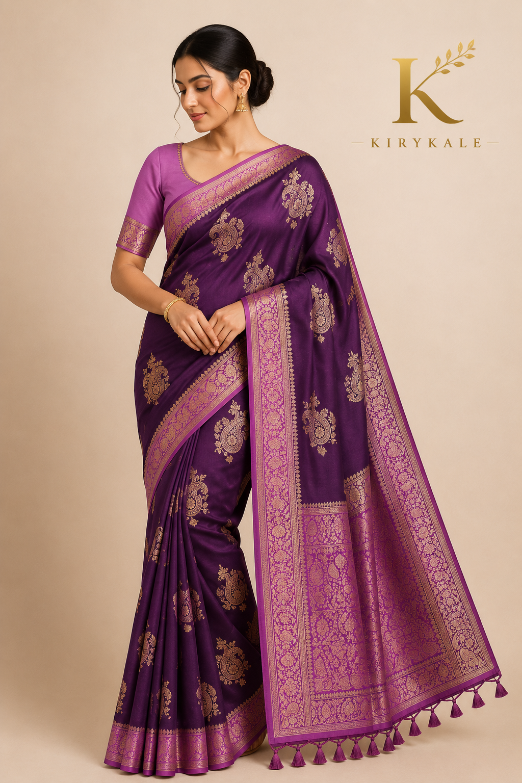 Premium Pattu Mushroom Georgette Saree with Antique Gold Paisley Zari Border & Running Blouse | Royal Purple & Orchid Pink