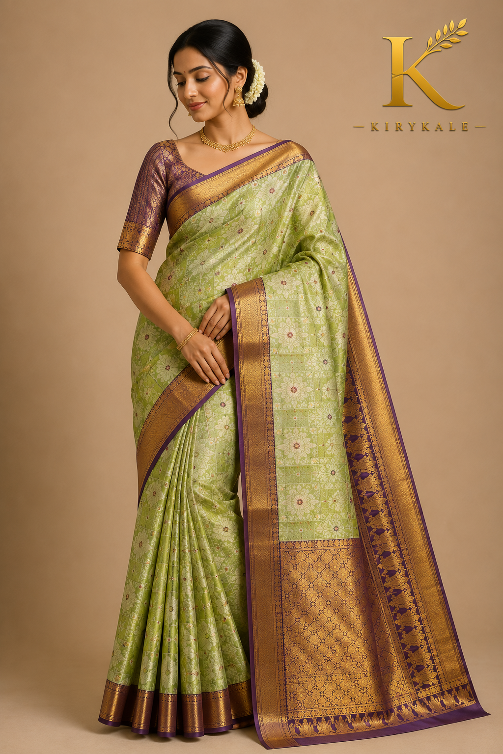 Premium Vintage Checks Kanchi Pattu Silk Saree with Antique Gold Zari Border & Running Blouse | Pastel Pistachio Green & Royal Purple
