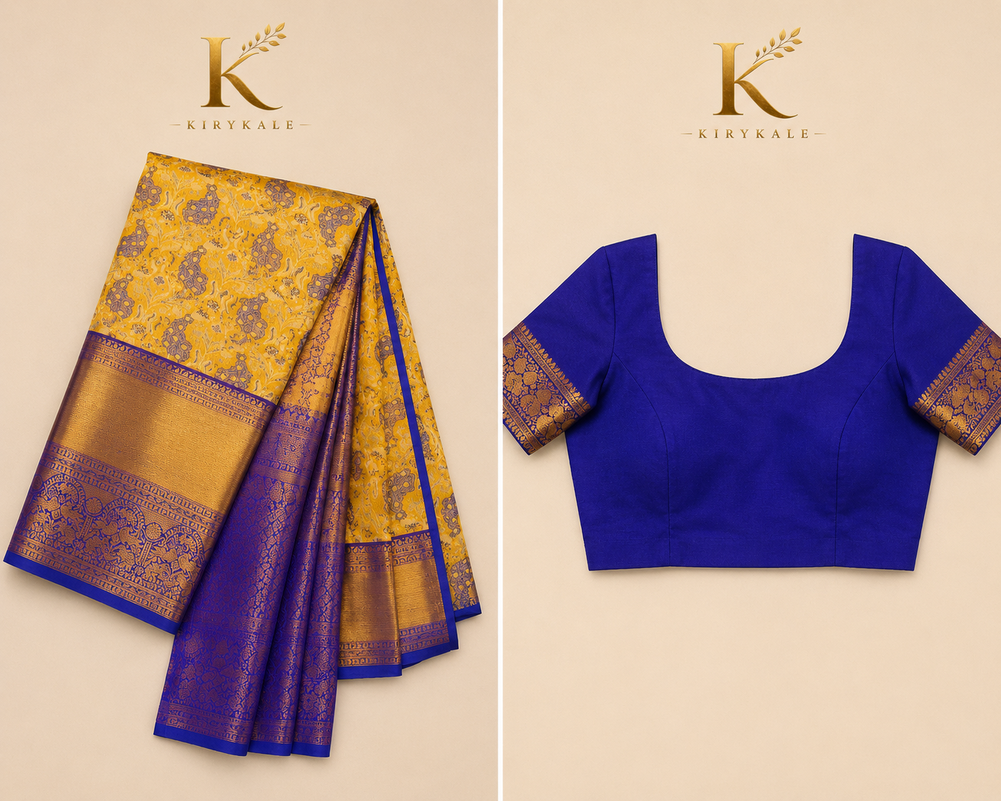 Premium Kanchi Pattu Meenakari Silk Saree with Royal Blue Zari Border & Running Blouse | Mustard Yellow