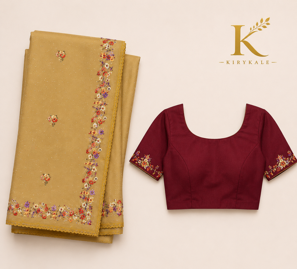 Premium Biscuit Colour Mango Crepe Saree with Floral Embroidery & Designer Blouse