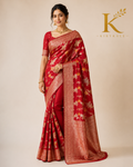 Premium Banaras Soft Silk Saree – Ruby Red Floral Gold Zari Weaving with Designer Blouse