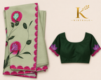Premium Sage Green Mango Crepe Saree with Floral Print & Designer Blouse