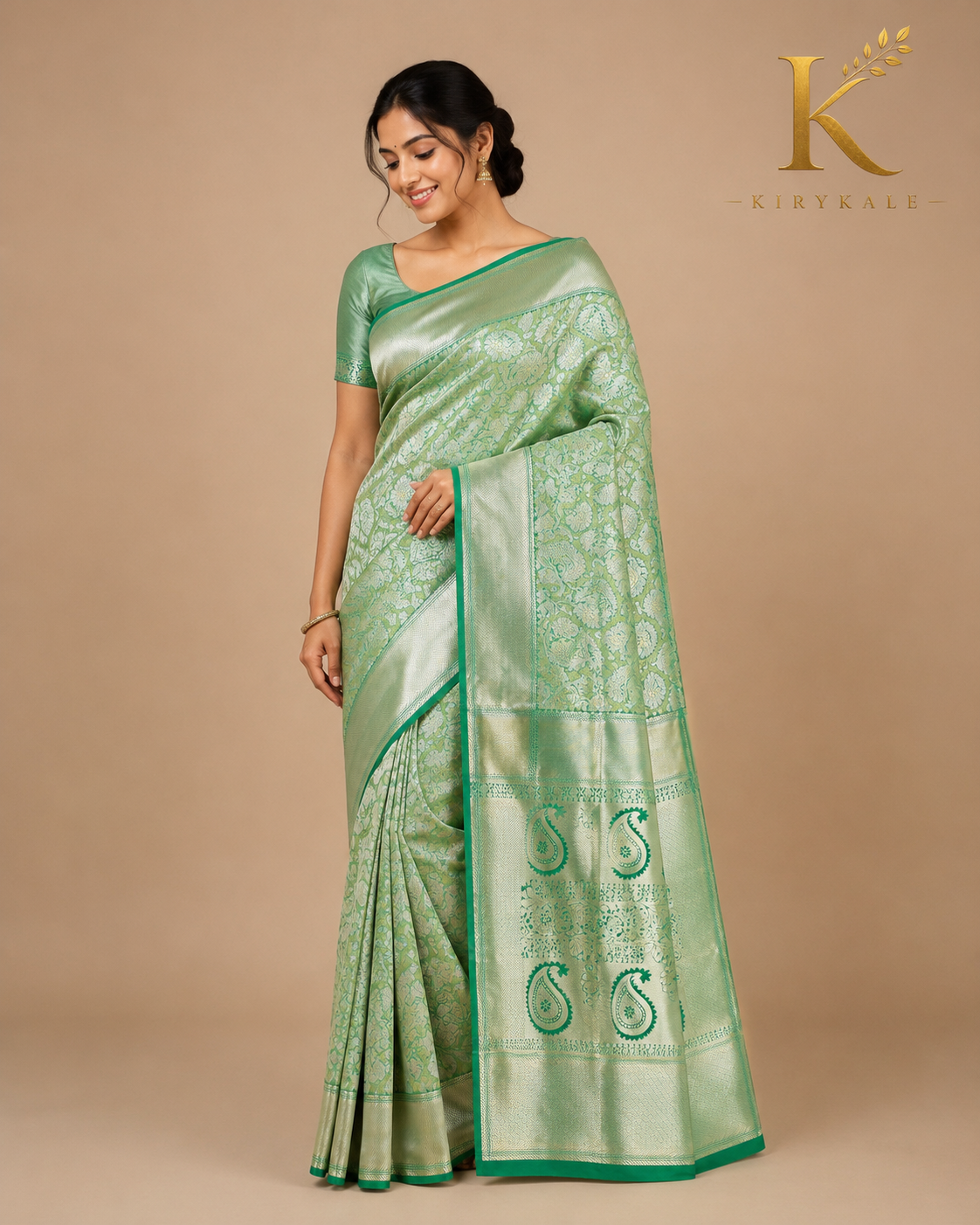 Premium Dharmavaram Pattu Silk Saree with Silver Zari Floral Weaving & Running Blouse | Pastel Mint Green