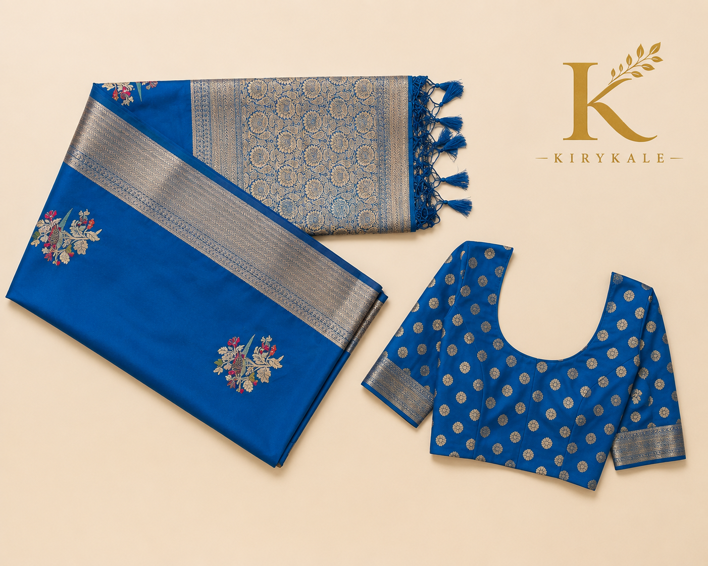 Premium Banaras Soft Silk Saree – Royal Blue Floral Butta with Silver Zari Border & Designer Blouse