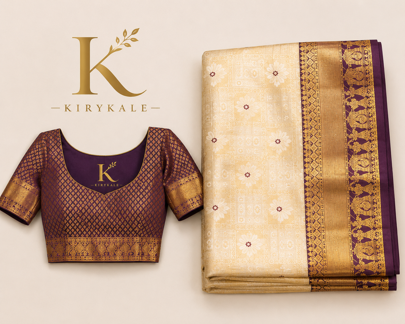 Premium Vintage Checks Kanchi Pattu Silk Saree with Temple Zari Border & Running Blouse | Ivory Cream & Royal Purple